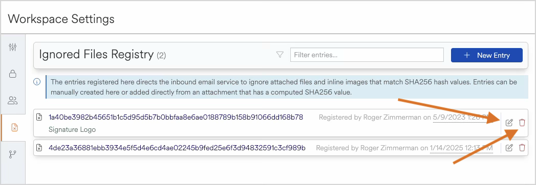 Workspace settings showing ignored files registry with entries and registration details.